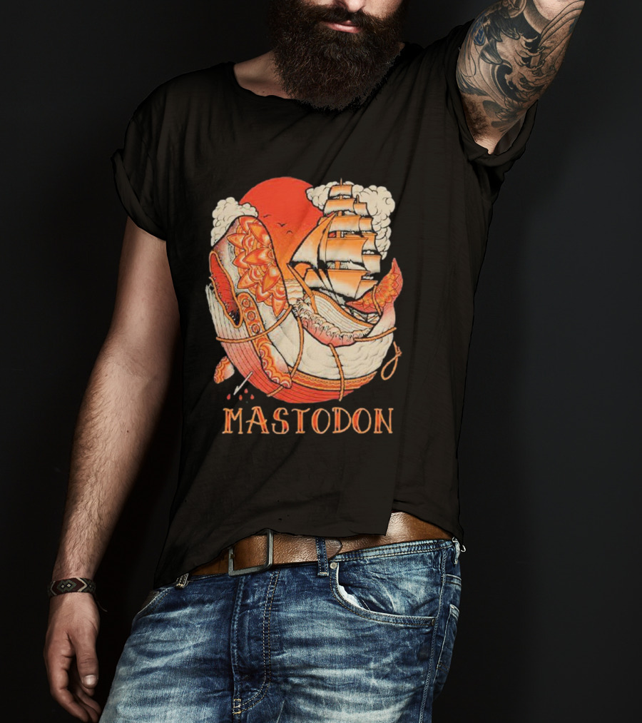Mastodon Whale Tattoo Ship Against Red Sun T-Shirt