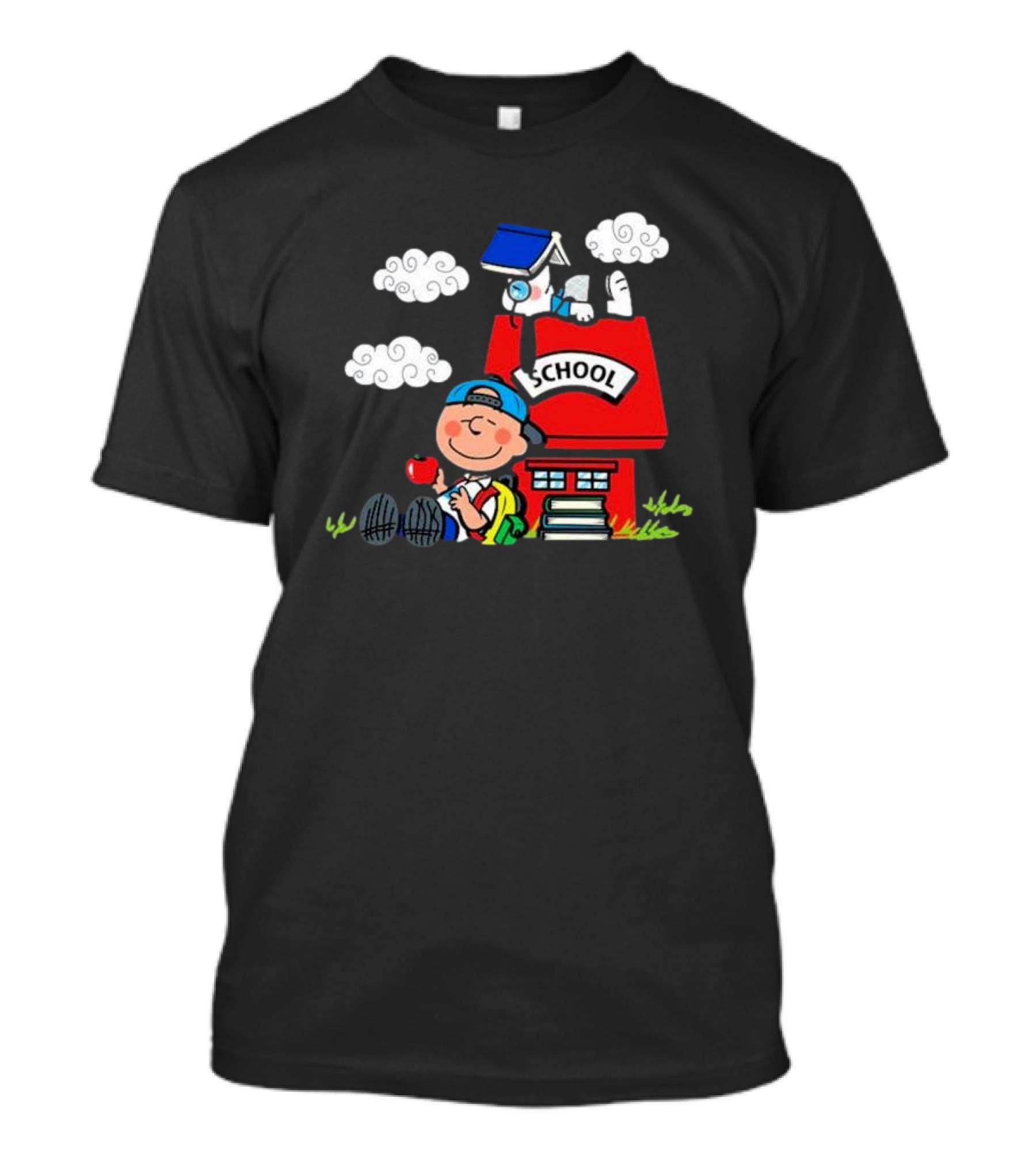 Snoopy School House With Backpack Apple And Clouds T-Shirt
