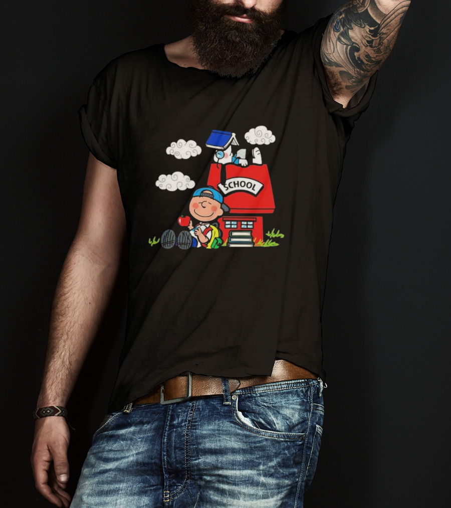 Snoopy School House With Backpack Apple And Clouds T-Shirt