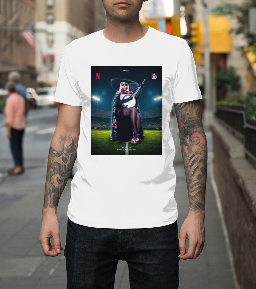 Beyoncé Halftime Show NFL 12.25.2024 Poster by AwesomeeGoods Netflix Banjo Stadium Image T-Shirt
