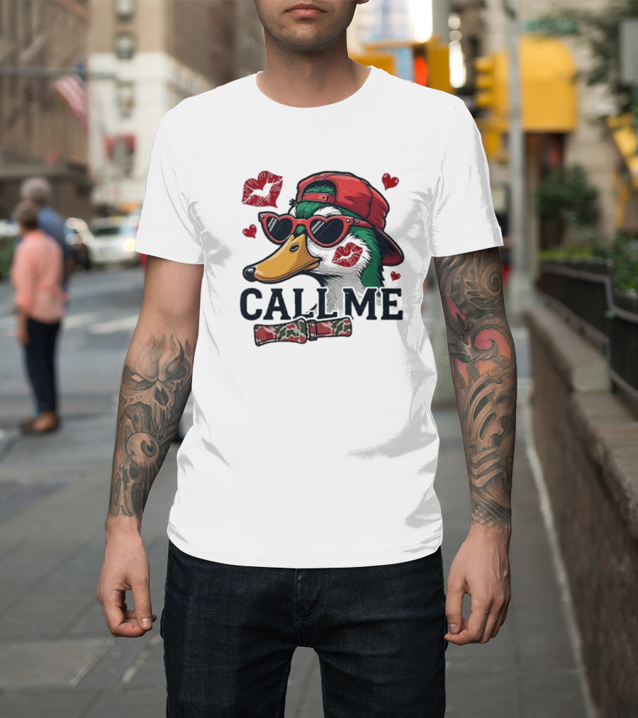 Call Me Valentine Mallard Duck In Sunglasses And Red Cap Surrounded By Hearts And Kisses T-Shirt