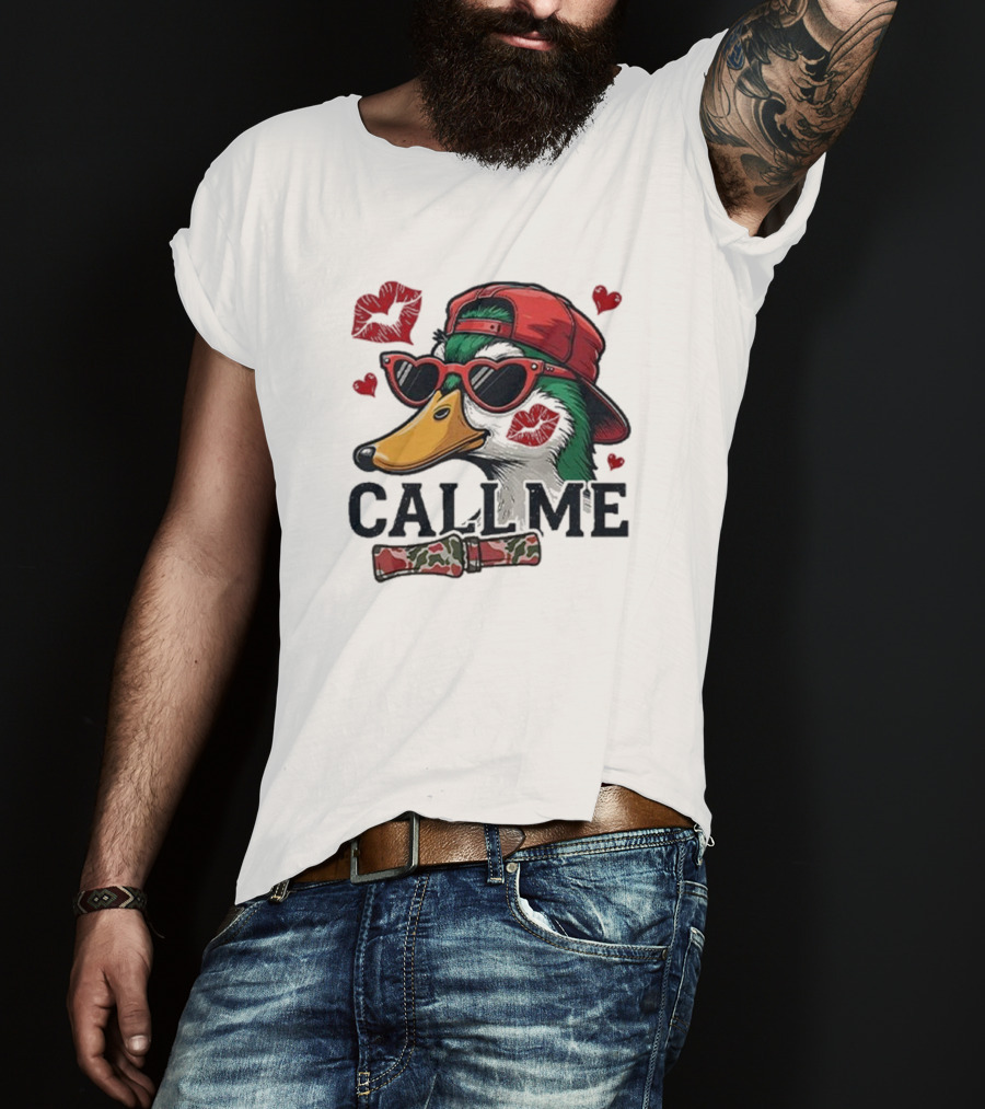Call Me Valentine Mallard Duck In Sunglasses And Red Cap Surrounded By Hearts And Kisses T-Shirt