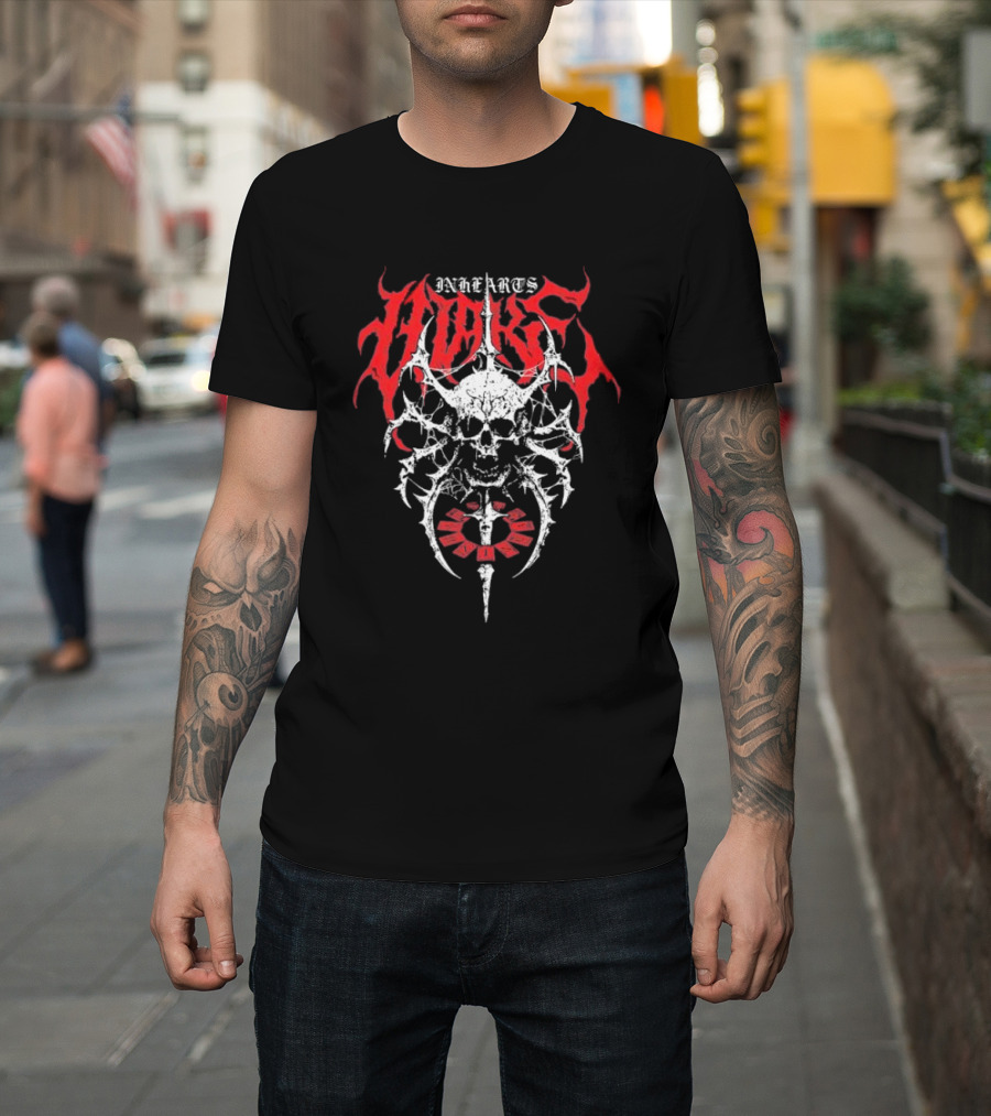 In Hearts Wake Skeletal Skull Red Text T-Shirt
