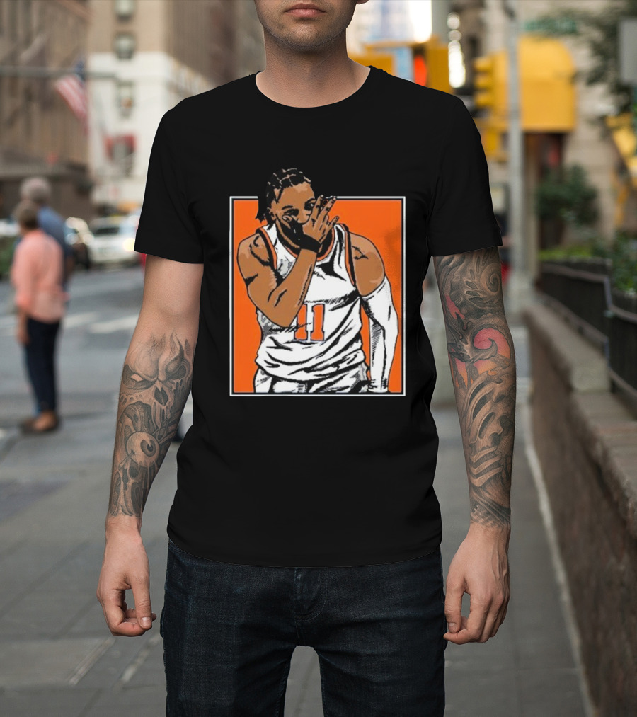 Jalen Brunson Number 11 Knicks Celebration Gesture Orange Background T-Shirt