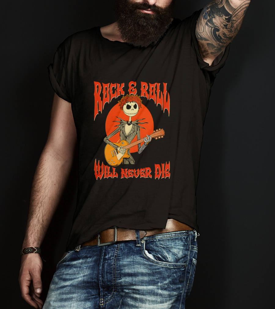 Rock And Roll Will Never Die Jack Skellington Playing Guitar T-Shirt