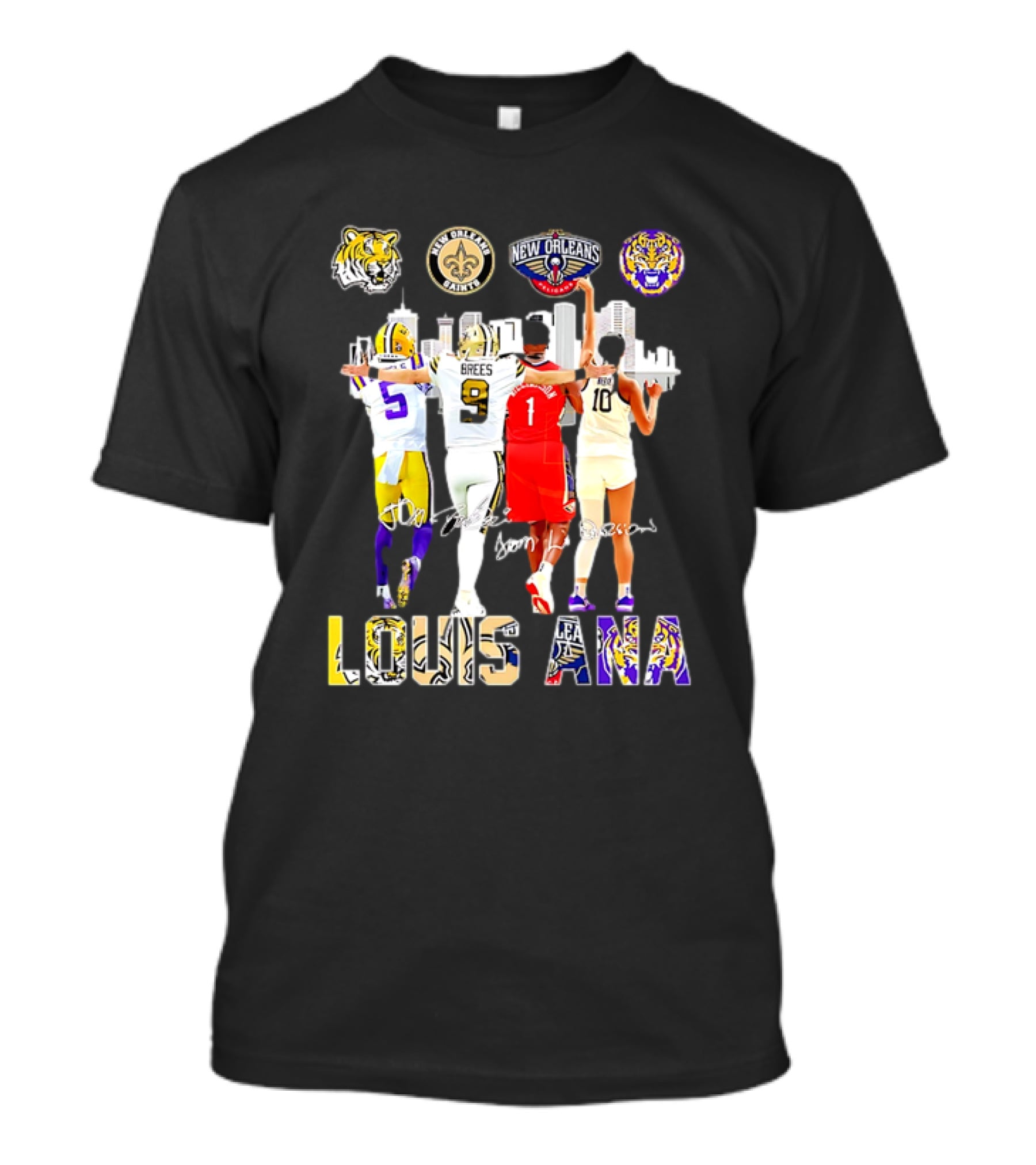 Louisiana Sports Teams 2025 Signatures Skyline Drew Brees Tiger Saint Pelican LSU T-Shirt