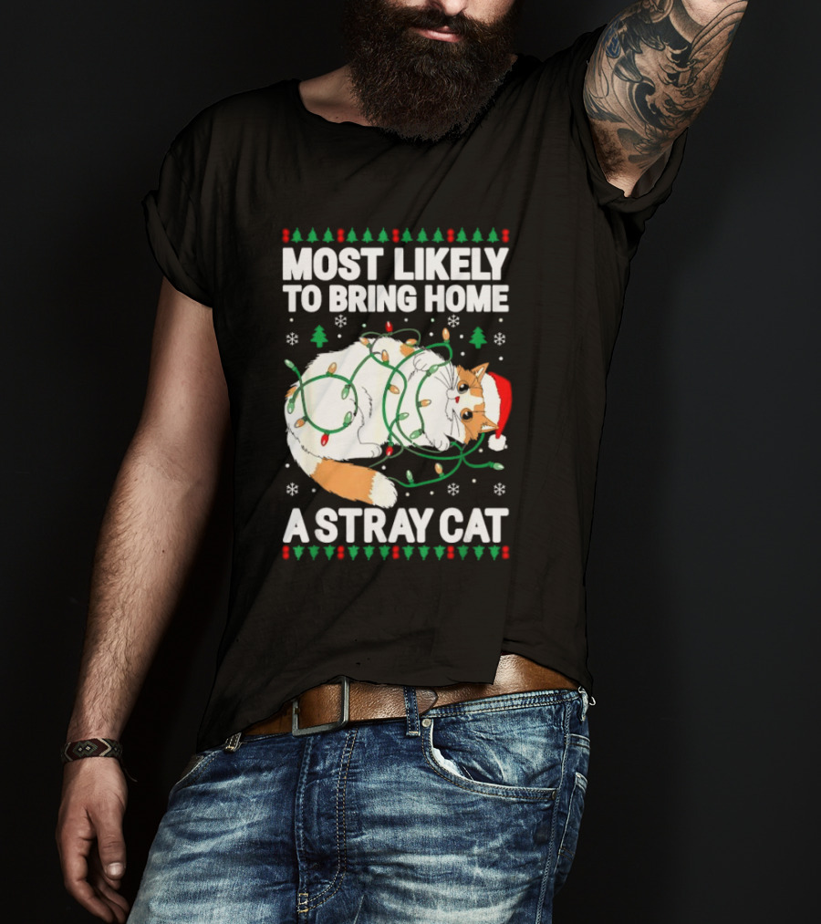 Most Likely To Bring Home A Stray Cat Christmas Lights Santa Hat Festive Holiday Cat T-Shirt