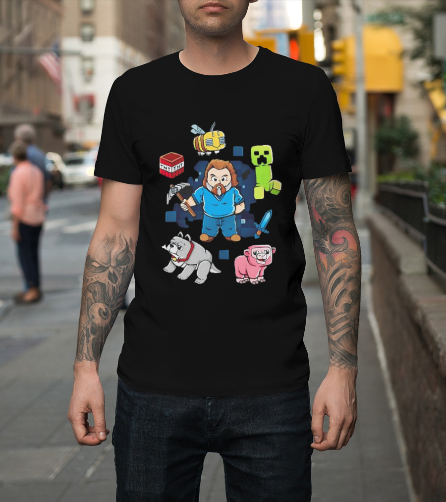 Pixel World Game Character with Animals and Tools Skyblock Adventure T-Shirt