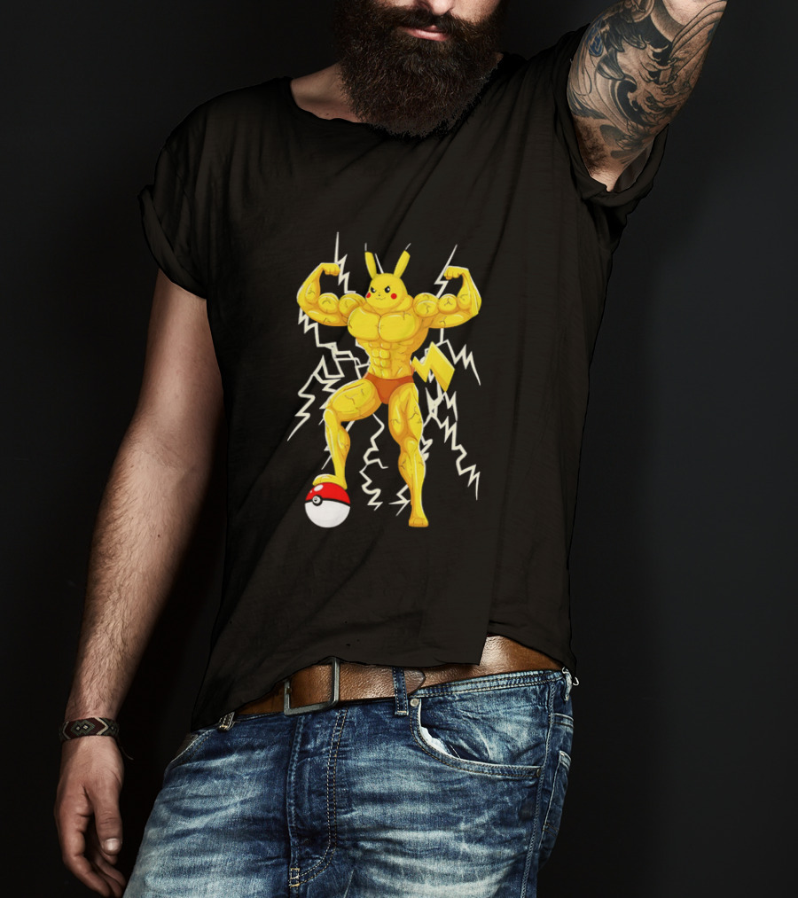 Muscled Pikachu Pumpachu With Lightning And Poké Ball T-Shirt