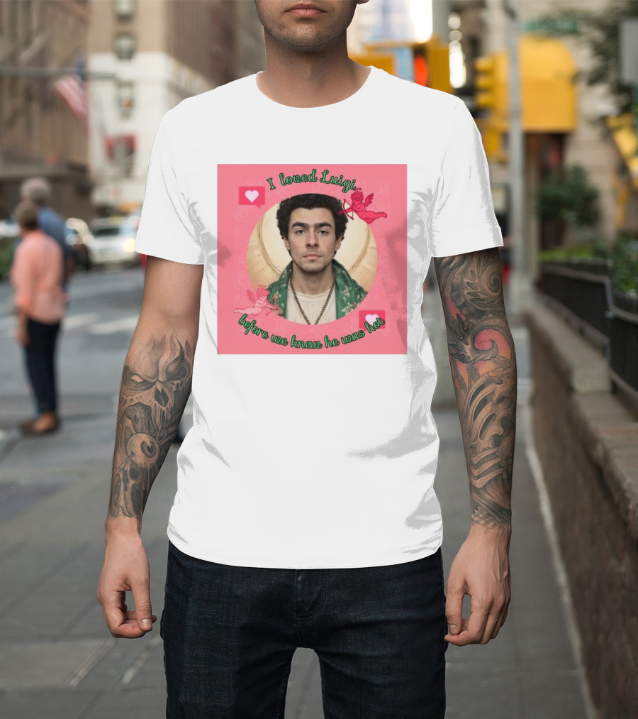 I Loved Luigi Before We Knew He Was Hot Pink Background Heart and Cupid Design T-Shirt