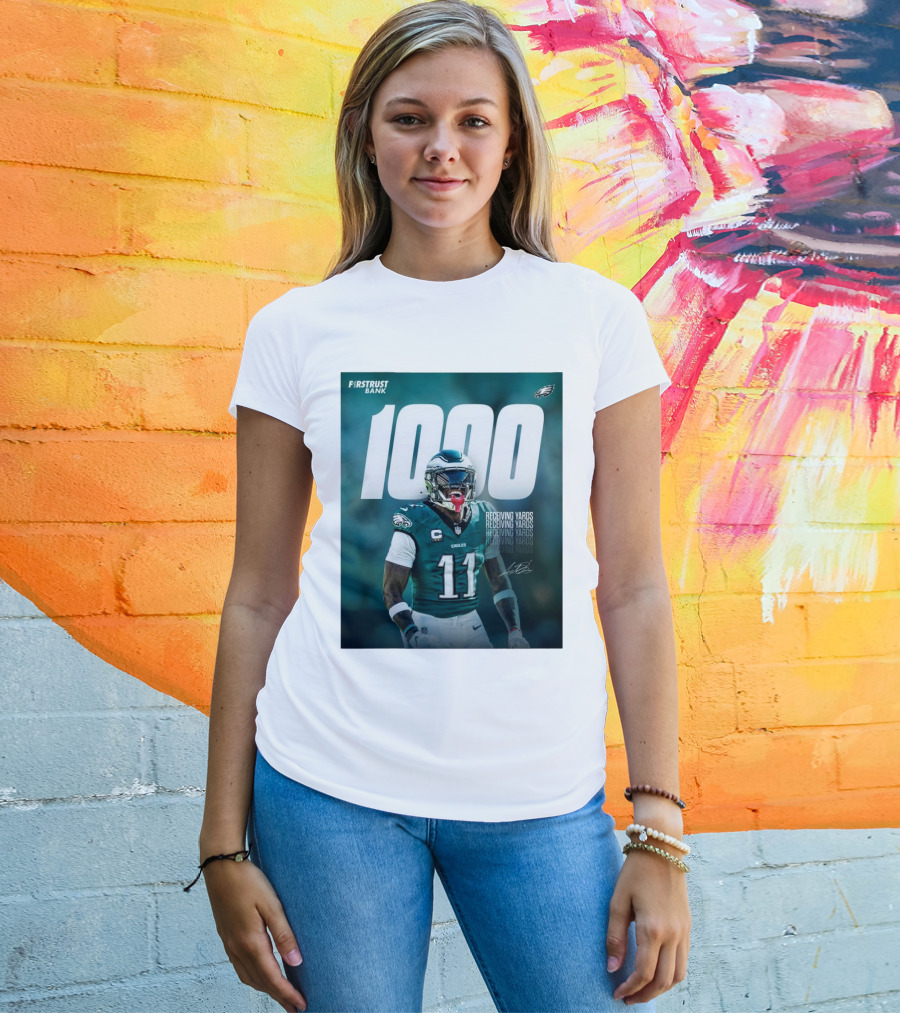 Philadelphia Eagles A.J. Brown 1000 Receiving Yards Signature Fly Eagles Fly NFL T-Shirt