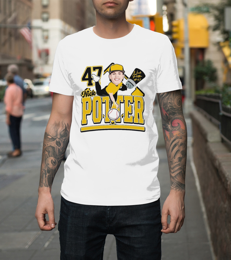 Nick Potter 47 Baseball Illustration With Character In Yellow And Black T-Shirt