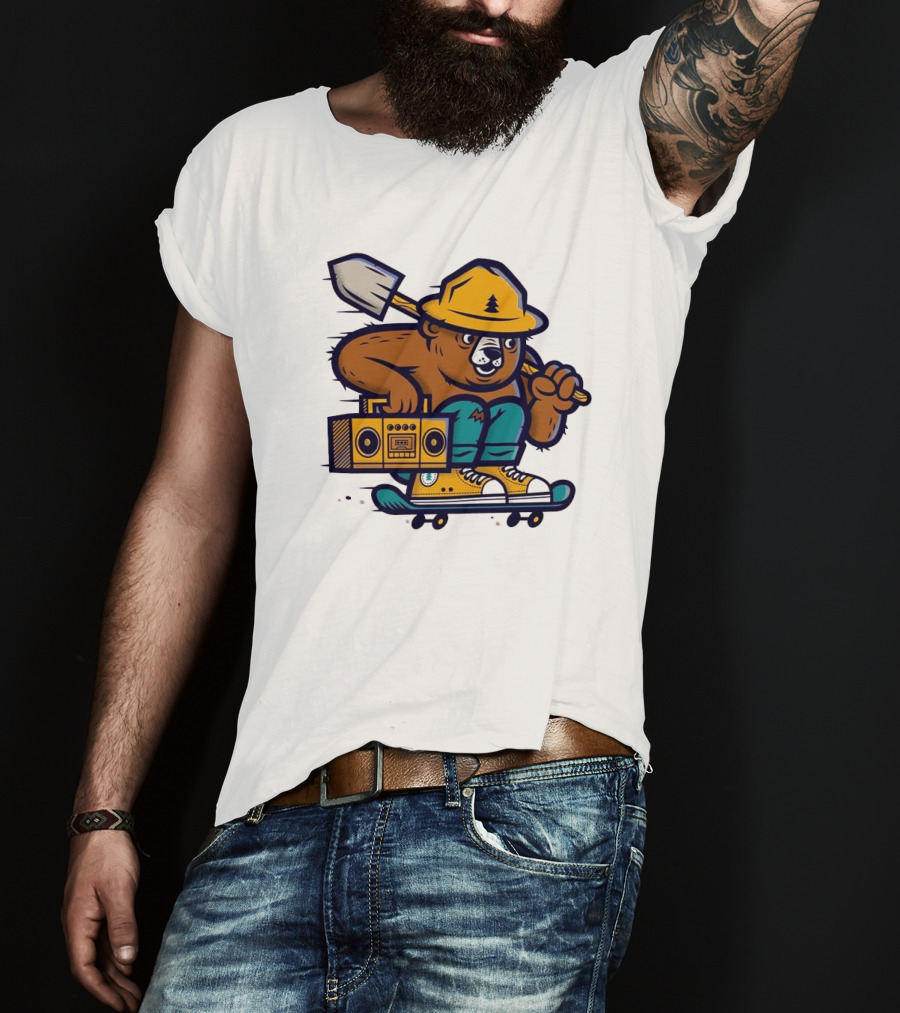 ```Wildfire Relief Bear Skateboarding With Boombox And Shovel``` T-Shirt