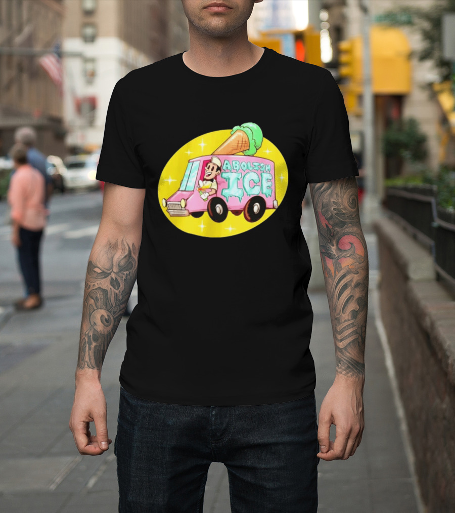 Abolish Ice Pink Ice Cream Truck With Melting Cone On Yellow T-Shirt