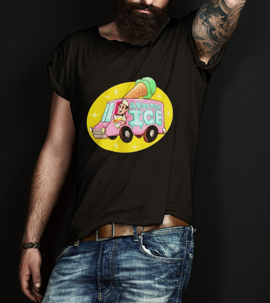 Abolish Ice Pink Ice Cream Truck With Melting Cone On Yellow T-Shirt
