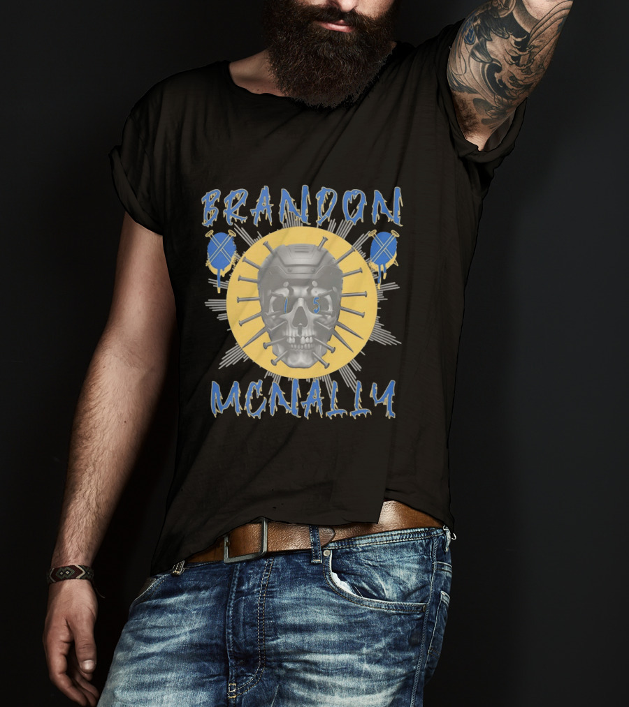 Brandon McNally Hockey Skull 15 Helmet Nails Blue Yellow T-Shirt