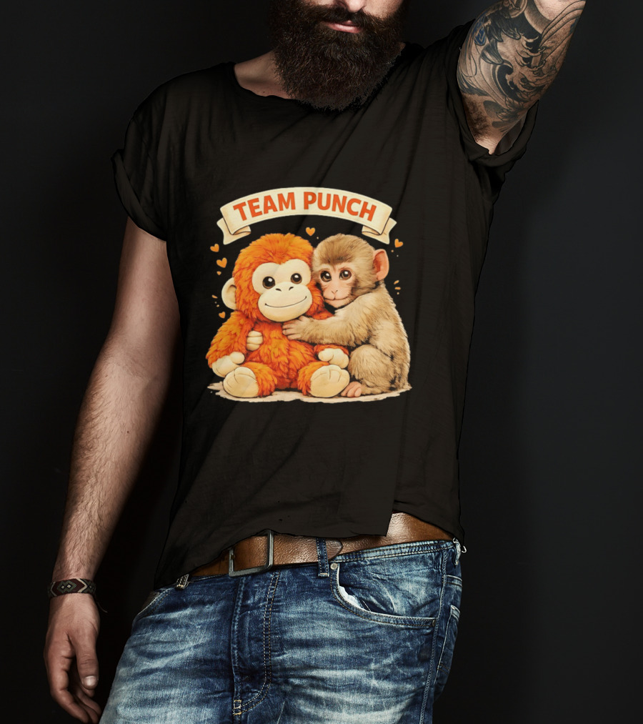 Team Punch Cute Baby Monkey Hugging Orange Plush Toy Charming Japanese Style Hearts T-Shirt
