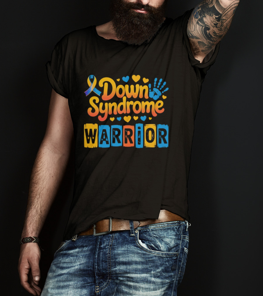 Down Syndrome Warrior Ribbon Handprint Hearts T-Shirt
