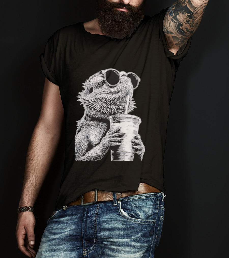 Bearded Dragon With Sunglasses Drinking Iced Coffee T-Shirt