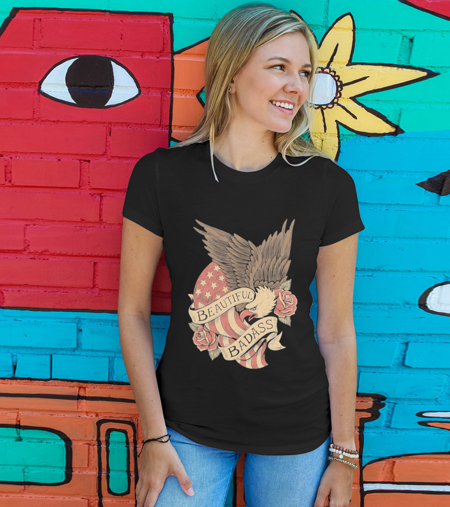 Beautiful Badass Eagle With American Flag And Roses T-Shirt