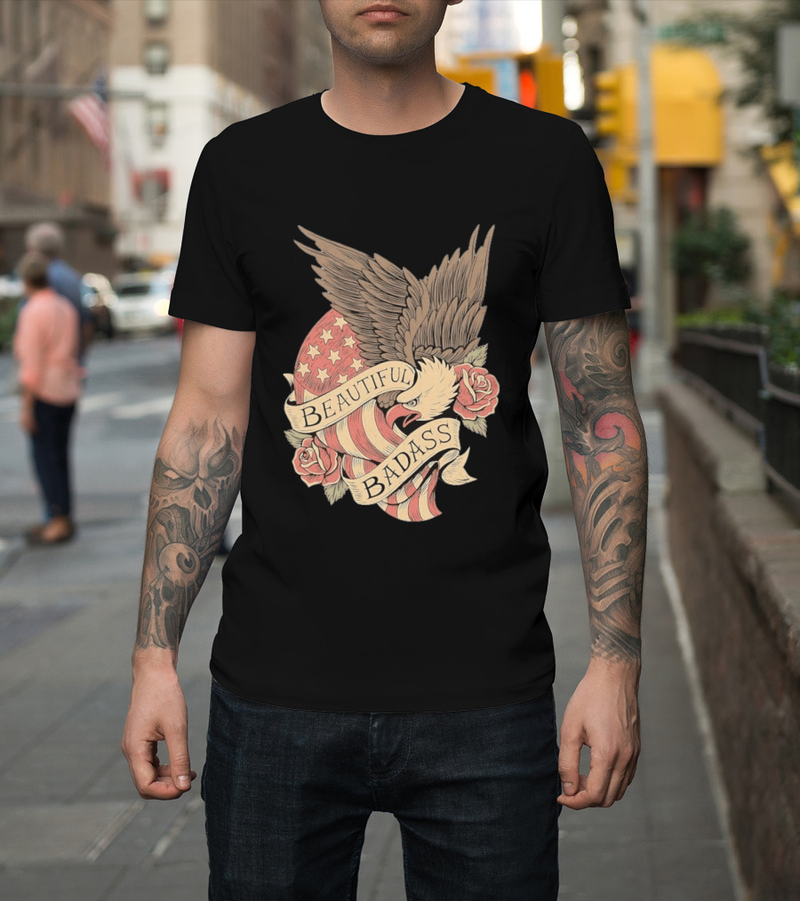 Beautiful Badass Eagle With American Flag And Roses T-Shirt