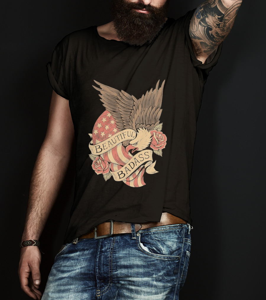 Beautiful Badass Eagle With American Flag And Roses T-Shirt