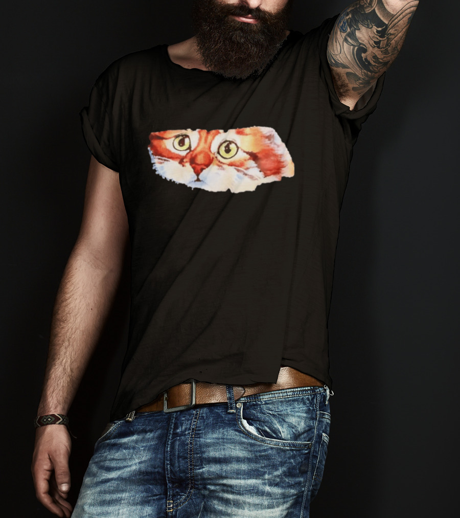 Watercolor Ginger Cat Face Green Eyes Close Up T-Shirt