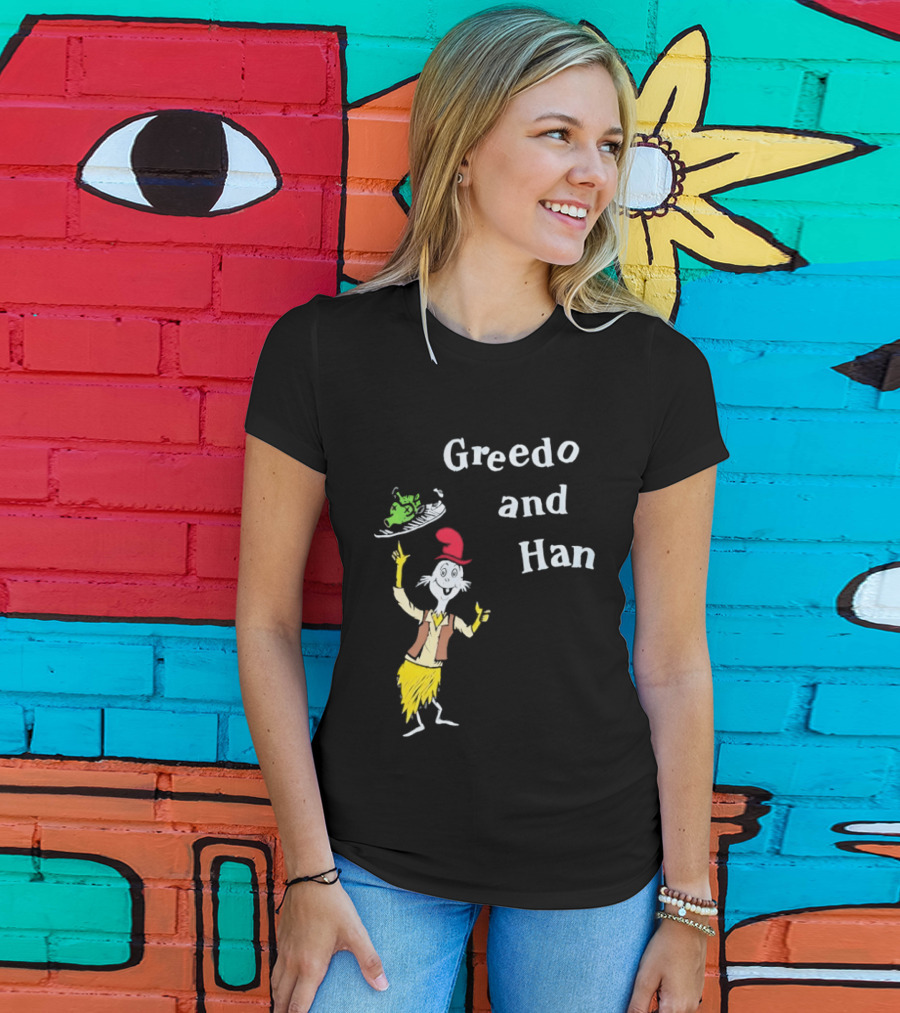 Greedo And Han Whimsical Cartoon Character Balancing Act T-Shirt