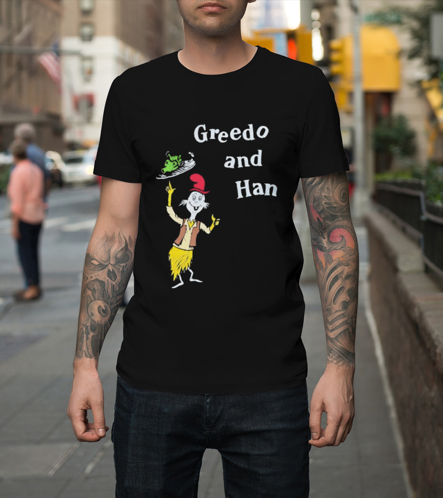 Greedo And Han Whimsical Cartoon Character Balancing Act T-Shirt