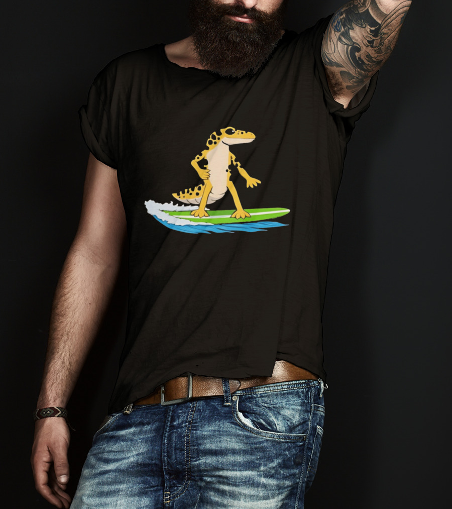 Leopard Gecko Yellow Lizard Riding Surfboard T-Shirt