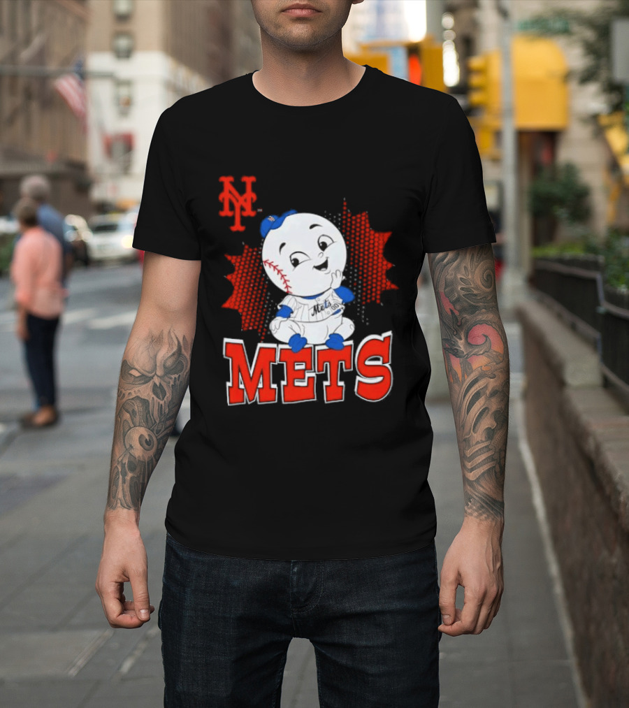 NY Mets Mr. Met Cartoon Character With Baseball And Team T-Shirt