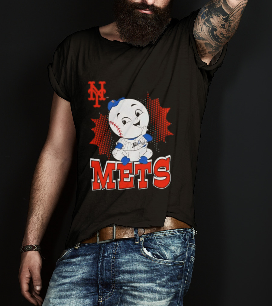 NY Mets Mr. Met Cartoon Character With Baseball And Team T-Shirt