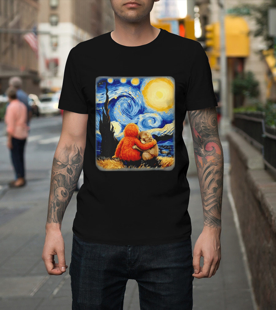 Punch Kun Panchi Kun Van Gogh Monkey Punch Starry Night Hugging Scene T-Shirt