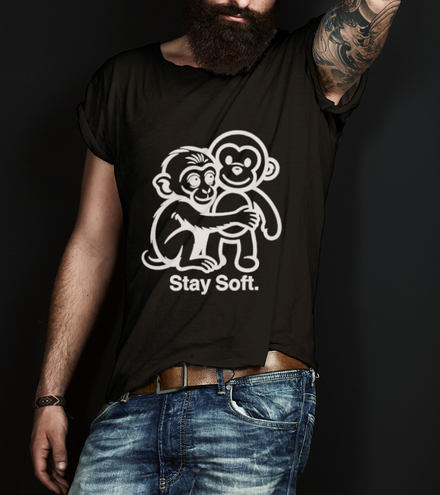 Stay Soft Monkey Hugging Monkey White Line T-Shirt