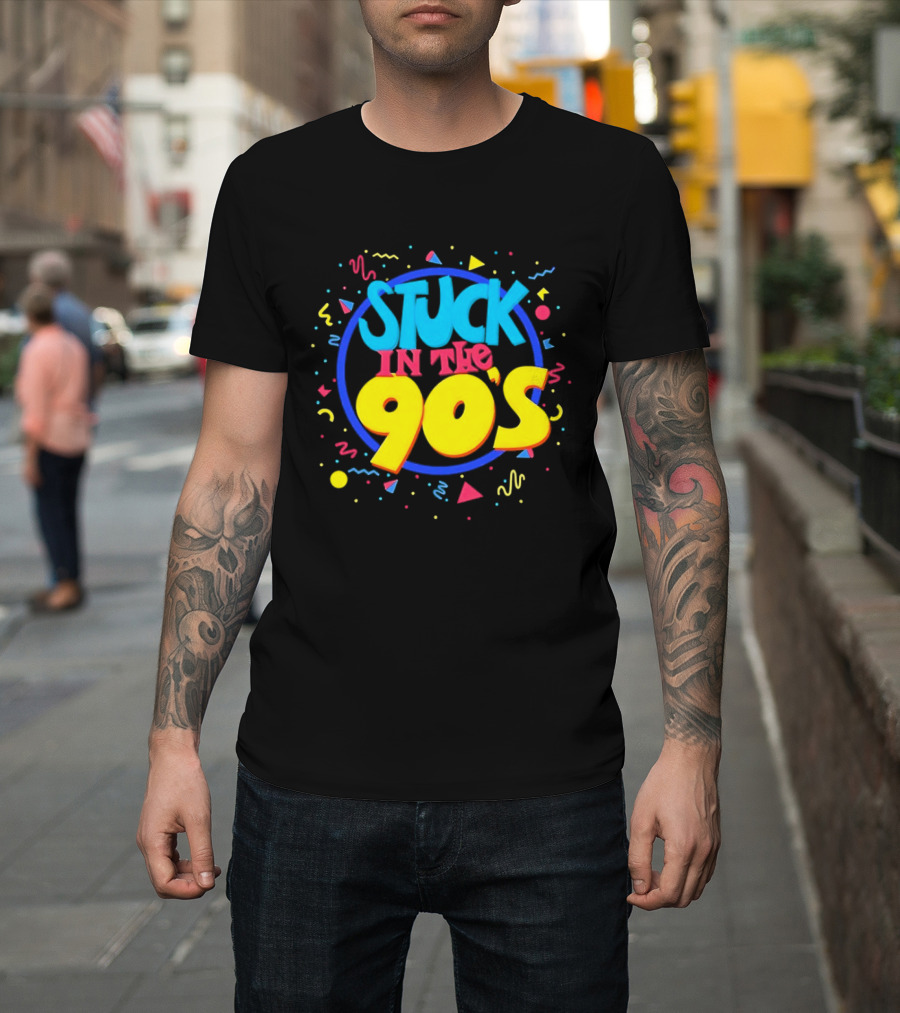 Stuck In The 90s Colorful Retro Vibes With Bold Typography And 90s T-Shirt