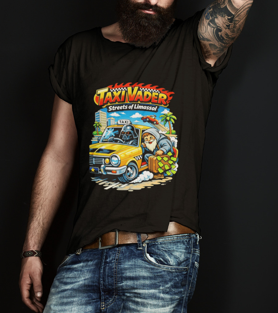 Taxi Vader Streets Of Limassol Adventure With Iconic Characters And Yellow Cab In Cityscape T-Shirt