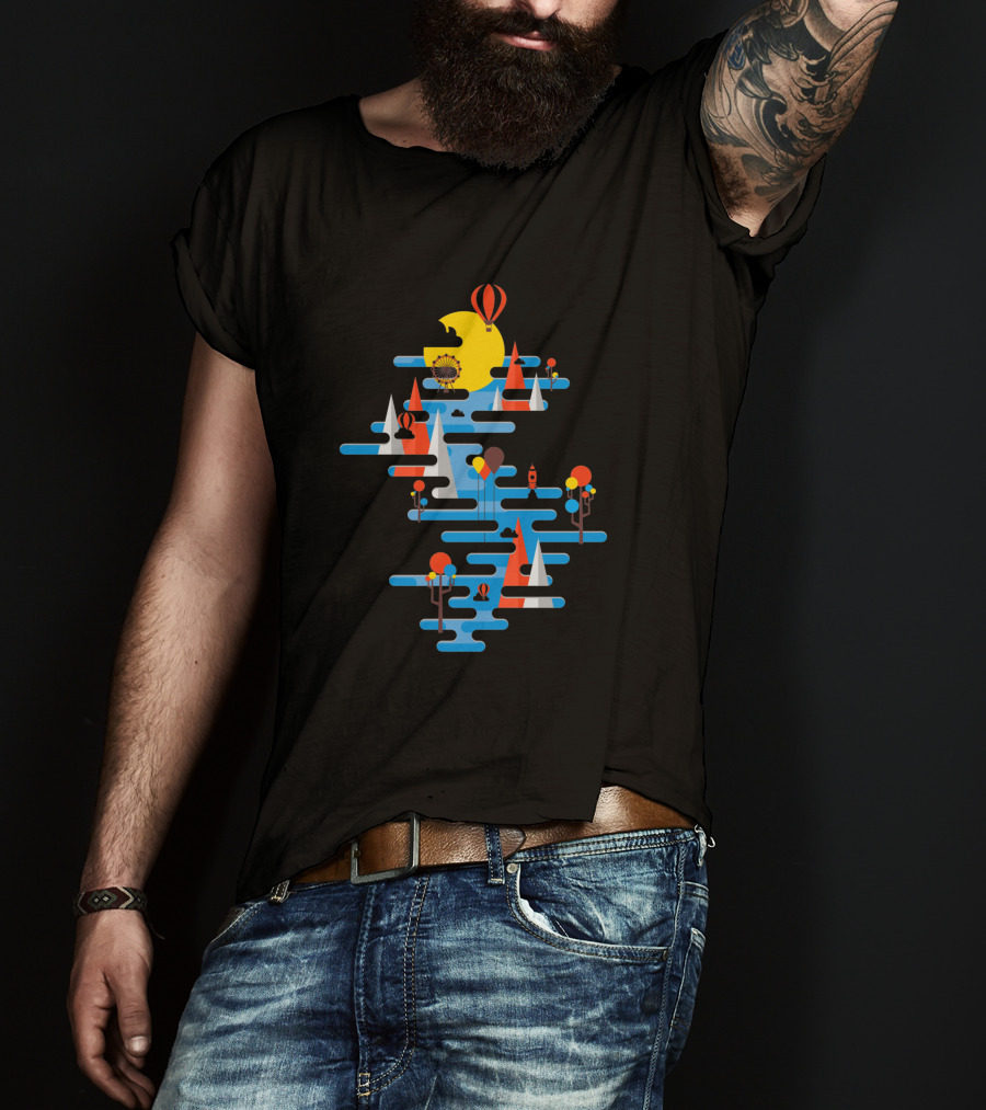 A Beautiful Day Hot Air Balloons Sailing Sun And Geometric Landscape T-Shirt