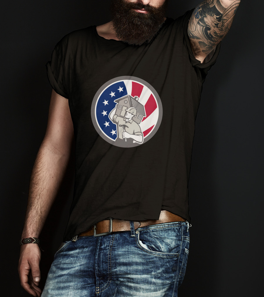 American Building Contractor USA Flag Home Construction Worker T-Shirt