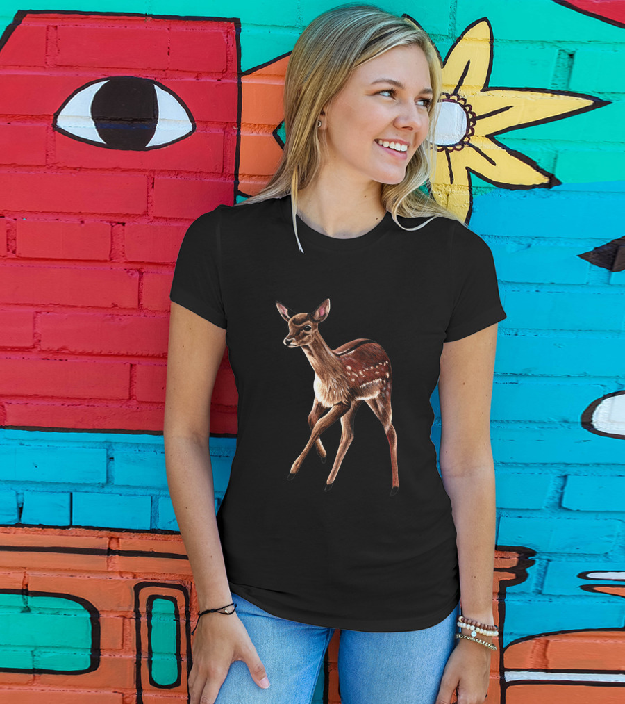 Baby Fallow Deer Fawn Ink And Watercolour Wildlife T-Shirt