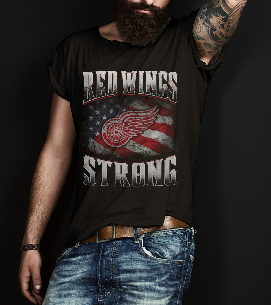 Red Wings Strong American Flag Winged Wheel T-Shirt