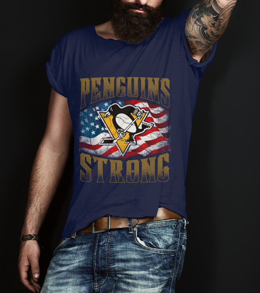 Penguins Strong American Flag Hockey T-Shirt