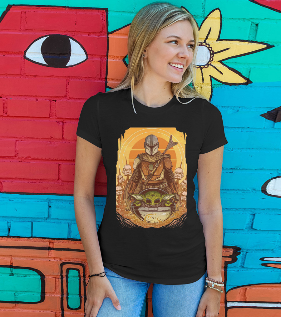 Mandalorian And Baby Yoda With Stormtroopers And Orange Sunset Scene T-Shirt