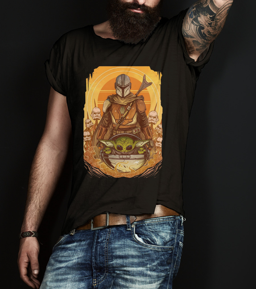 Mandalorian And Baby Yoda With Stormtroopers And Orange Sunset Scene T-Shirt