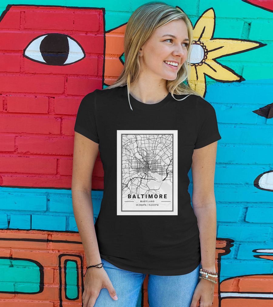 Baltimore Maryland City Map Coordinates 39.2904°N 76.6123°W T-Shirt