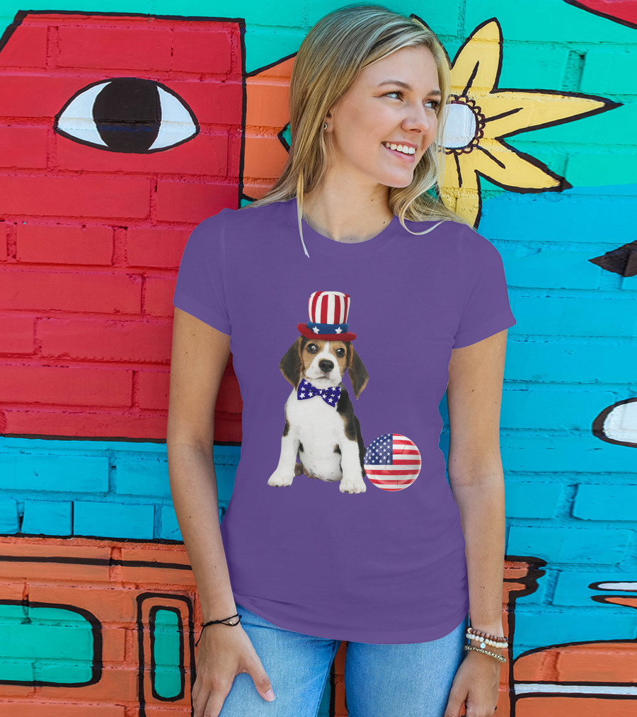 Patriotic Beagle With American Flag Hat And Bow Tie T-Shirt