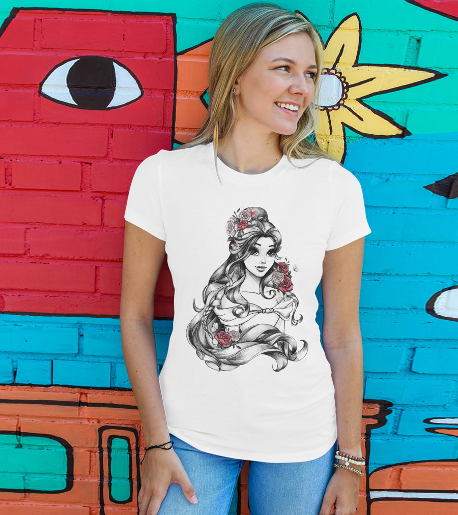 Beast Belle Rose Sketch Floral Hair T-Shirt