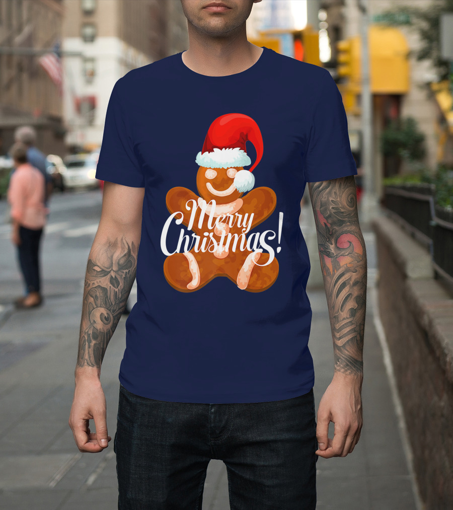 Merry Christmas Gingerbread With Santa Hat T-Shirt