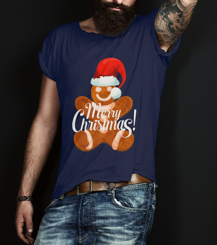 Merry Christmas Gingerbread With Santa Hat T-Shirt