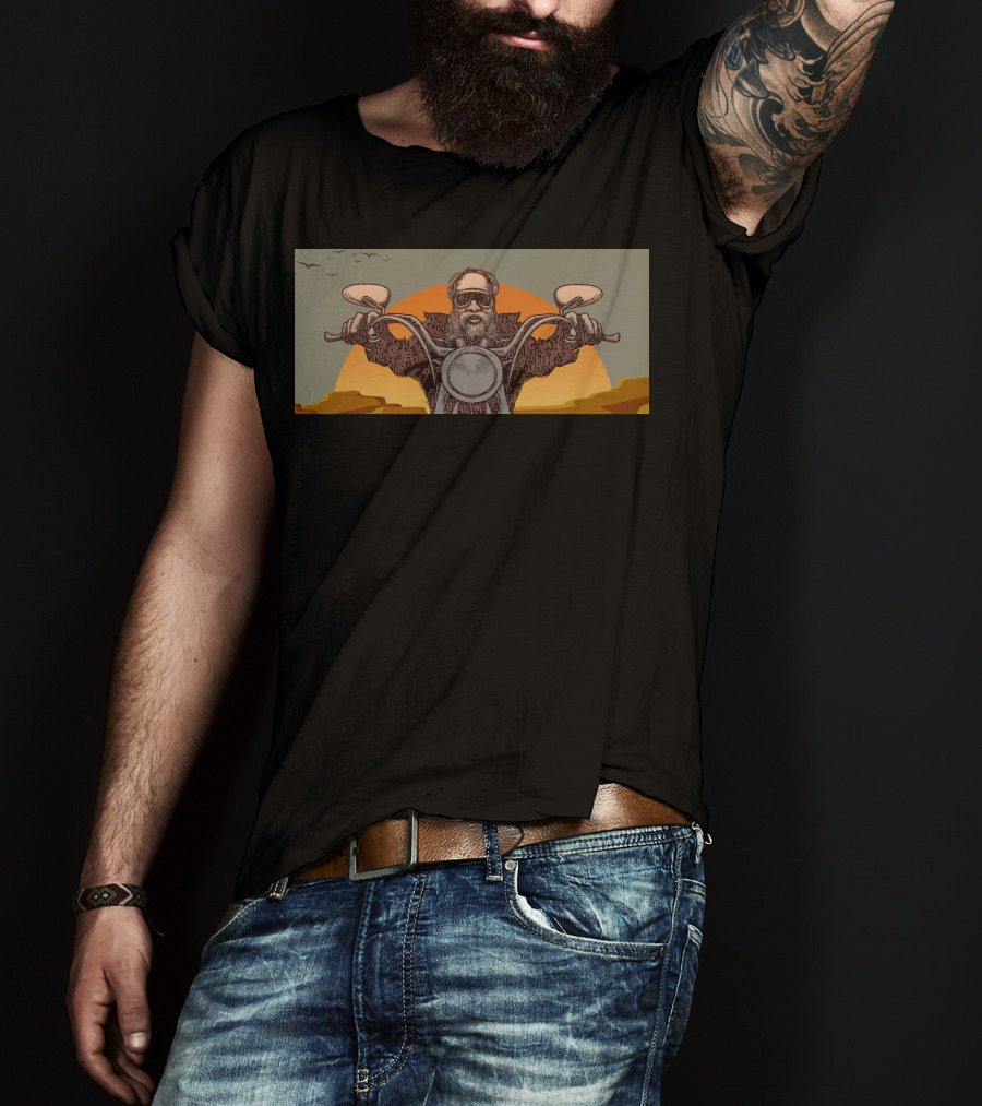 Biker Grandpa Riding Motorcycle At Sunset With Birds In Background T-Shirt