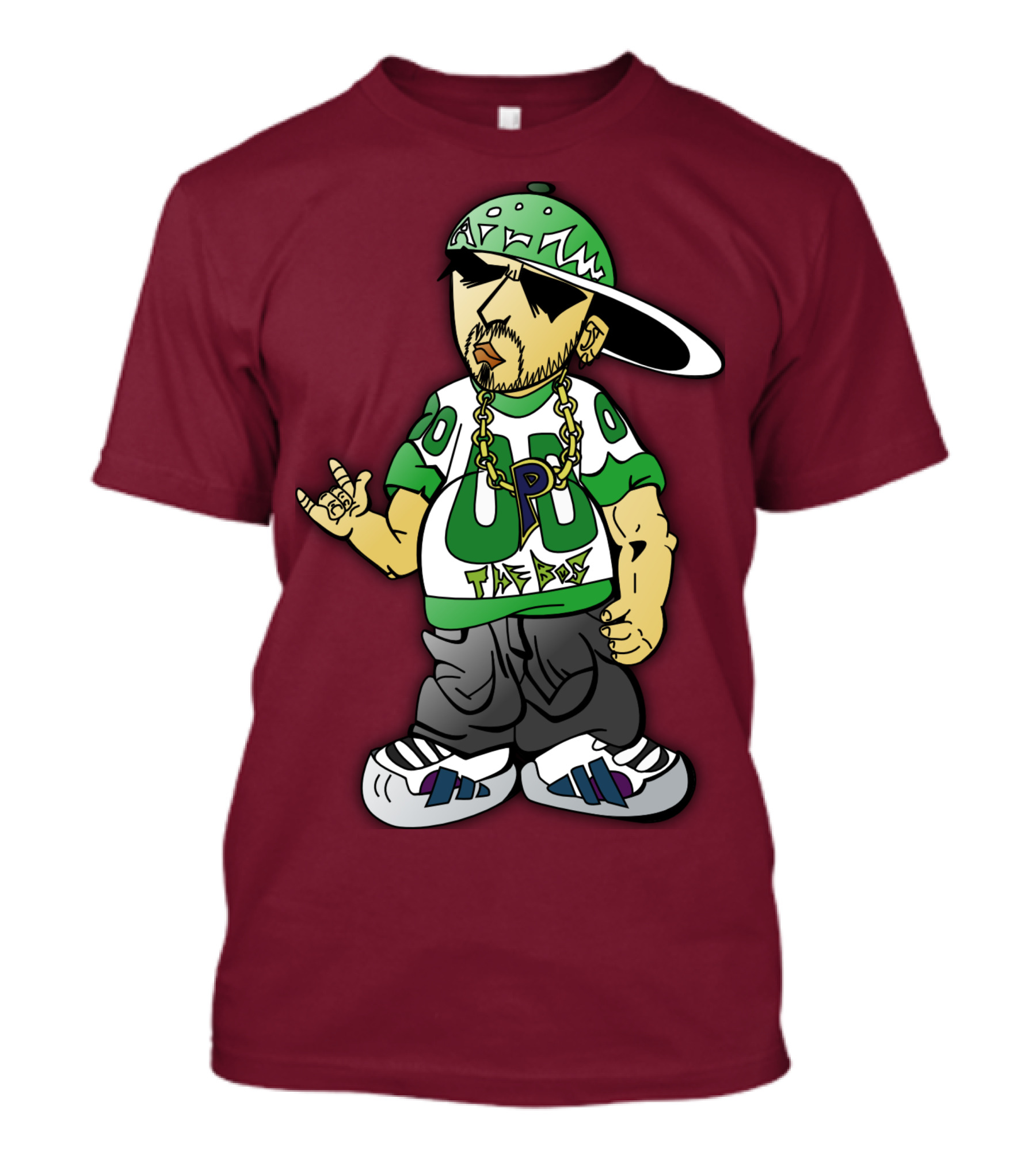 HipHop Cartoon Character With UP The Posse On Green Snapback And Chain T-Shirt